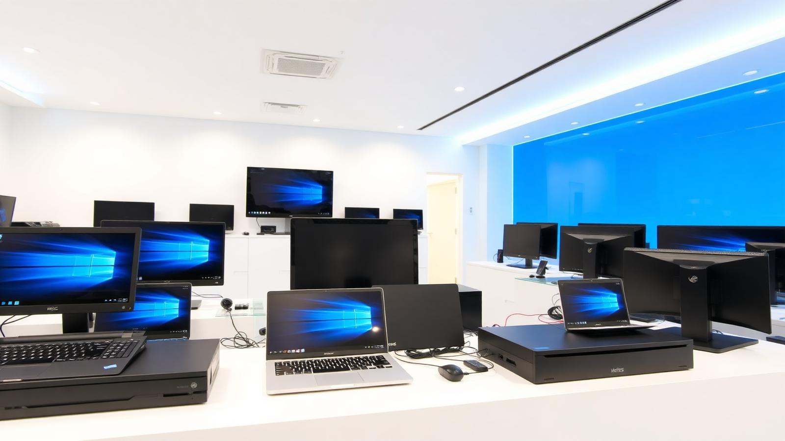 Computadores e monitores em exposição num showroom